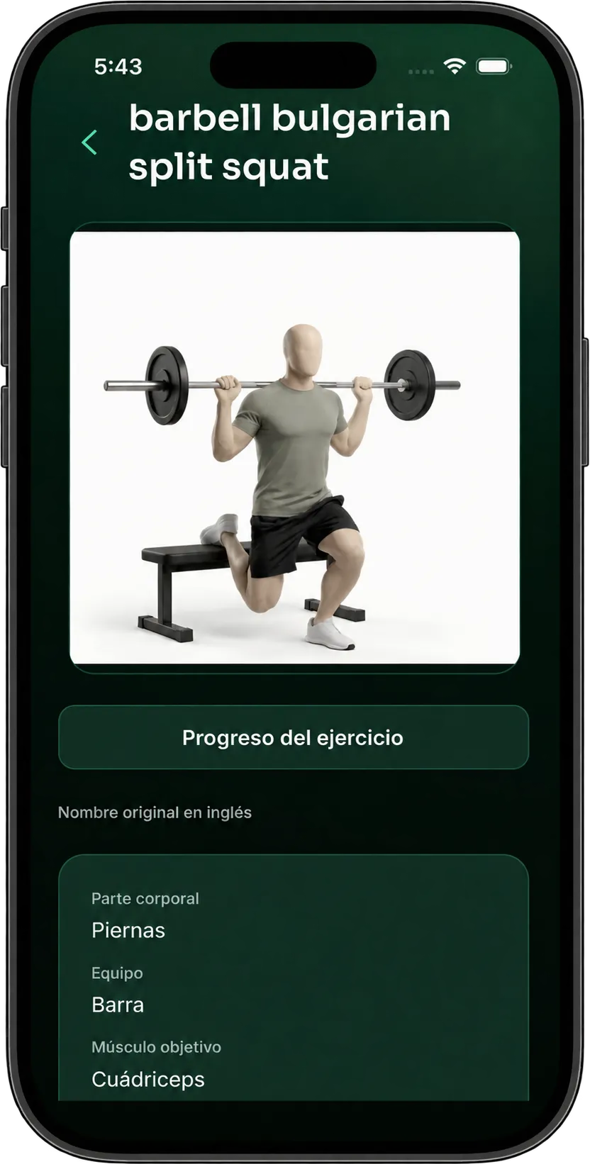 Ficha de ejercicio de ELEVA con la ilustración del movimiento, el nombre original en inglés y sus datos.