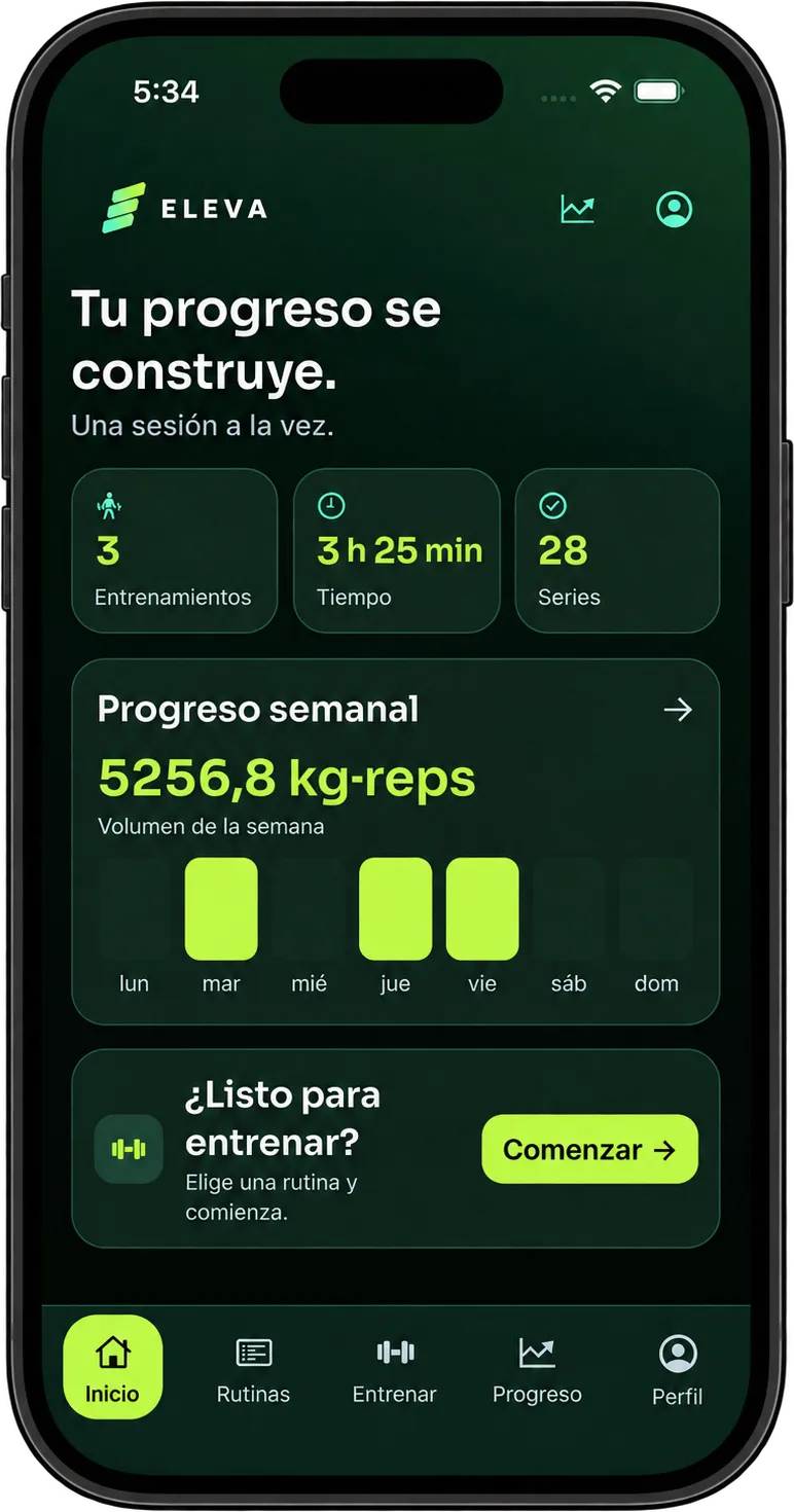 Pantalla de inicio de ELEVA: entrenamientos de la semana, tiempo, series y volumen semanal.