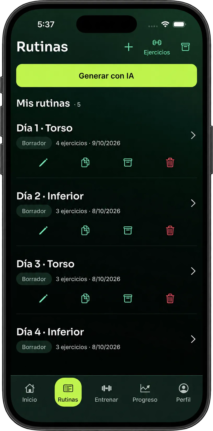 Pantalla de rutinas de ELEVA: generación con IA y días de entrenamiento con su número de ejercicios.
