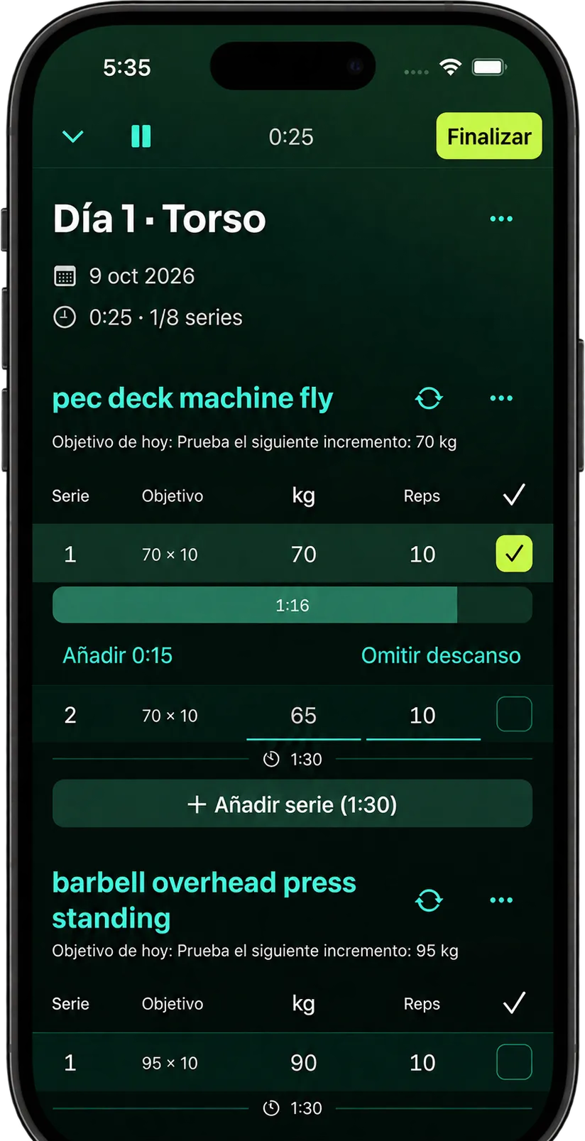 Pantalla de entrenamiento de ELEVA: ejercicio en curso, series con kg y repeticiones, objetivo del día y temporizador de descanso.